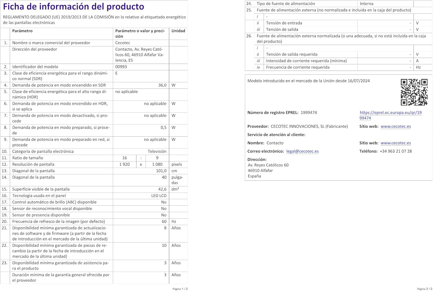 Televizor Cecotec - televizor LED de 40 de inci, rezoluție Full HD - Seria 0 0040. Sistem Dolby, tuner DVB-T/T2/C/S/S2, difuzoare de 16 W, 3 porturi HDMI și 2 porturi USB, memorie flash