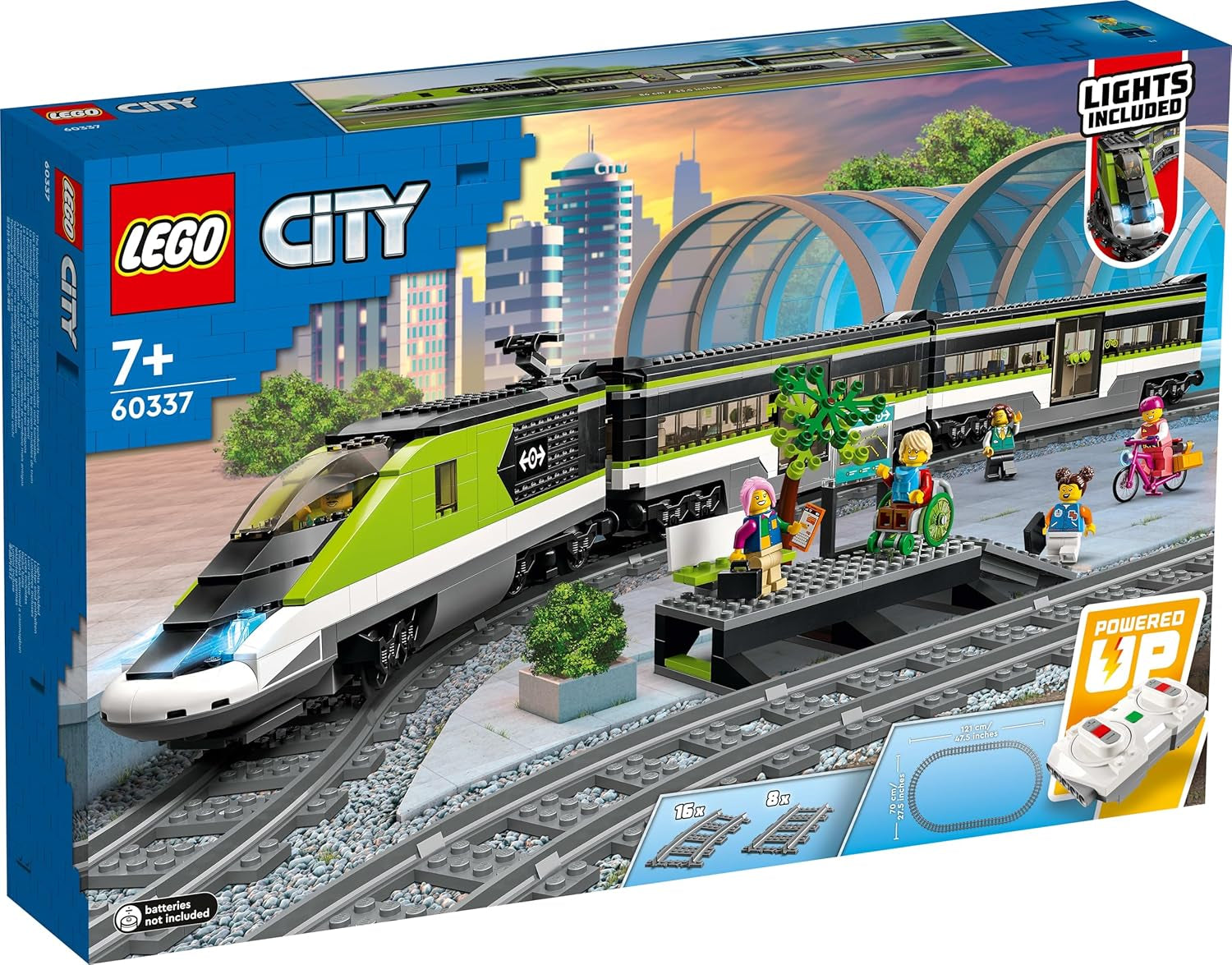Treno espresso passeggeri LEGO City, set di treni telecomandati, giocattolo ferroviario con fari, 2 carrozze e 24 elementi di binario, regalo per bambini, ragazzi e ragazze 60337 Set di costruzione Besuche den LEGO-Store