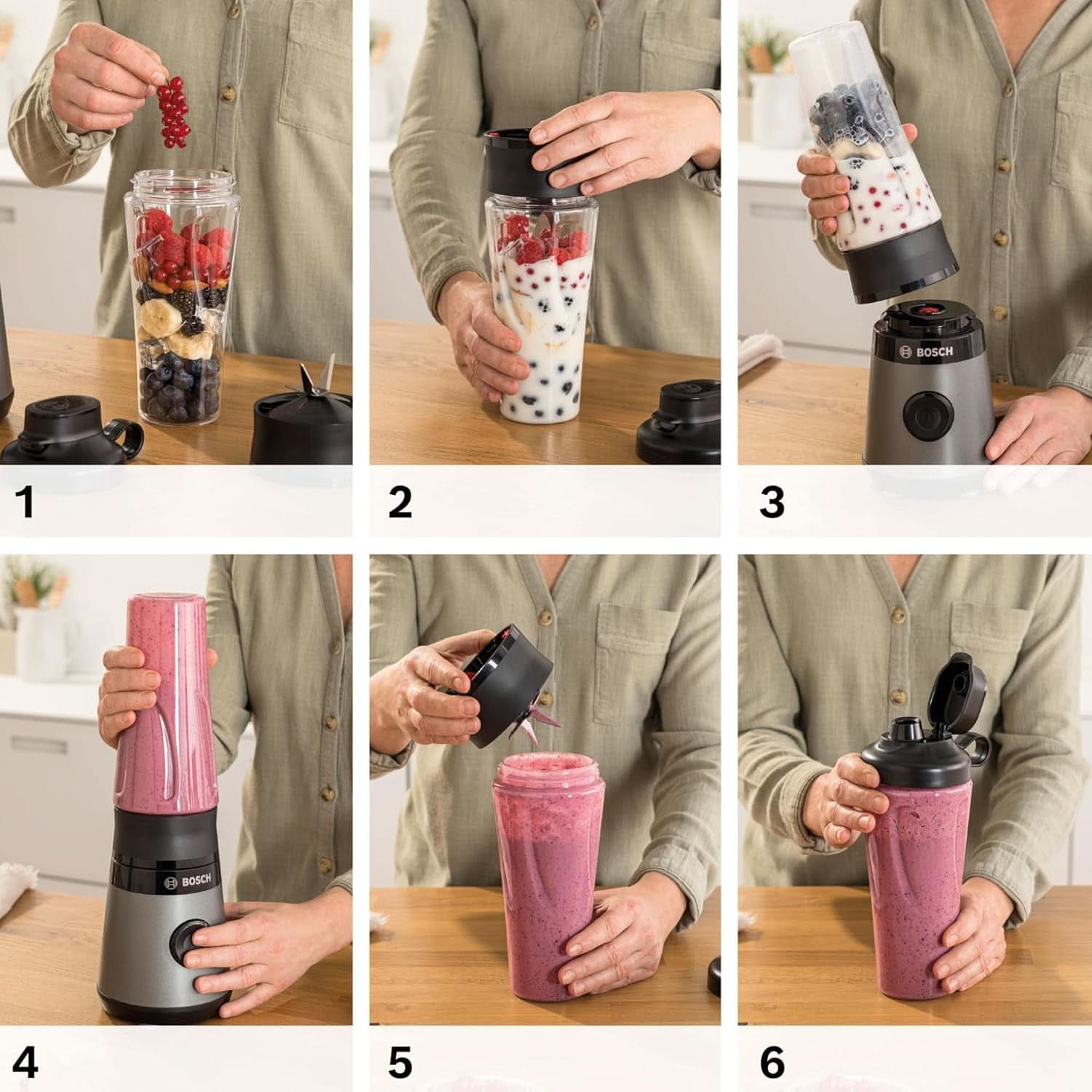 Bosch Mini Robot da Cucina Vitapower Serie 2 MMB2111S, Mixer ad alta velocità, Bis Zu 40.000 Giri/min, Tritan Togo-Flasche 0,6 L, Trinkdeckel, Bruchsicher, Spülmasch.Geeignete Teile, 450W, Argento/Schwarz Kitchen Naty Shop