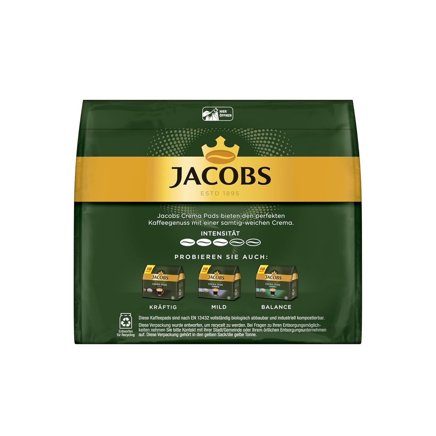 Jacobs Pads Crema, Senseo kompatible Pads, 5 x 18 Getränke, 90 Kaffeepads