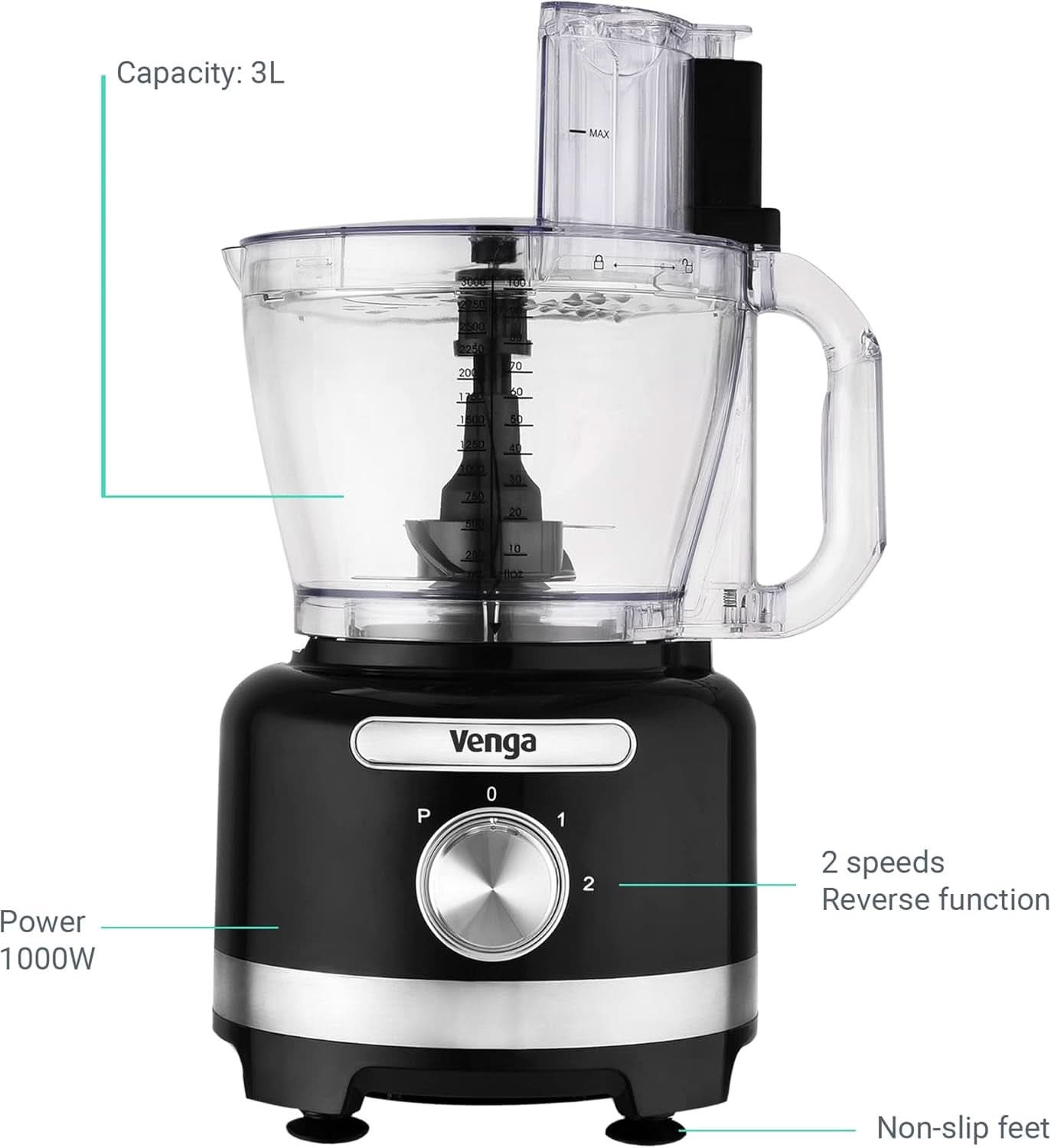 Dai! Macchina da cucina 8 in 1, rubinetto da 3 litri, contenitore miscelatore da 1,75 litri, 2 stufe a vento, funzione turbo, 1000 W, colore nero/argento, VG HA 3001 Madre e bambino Naty Shop