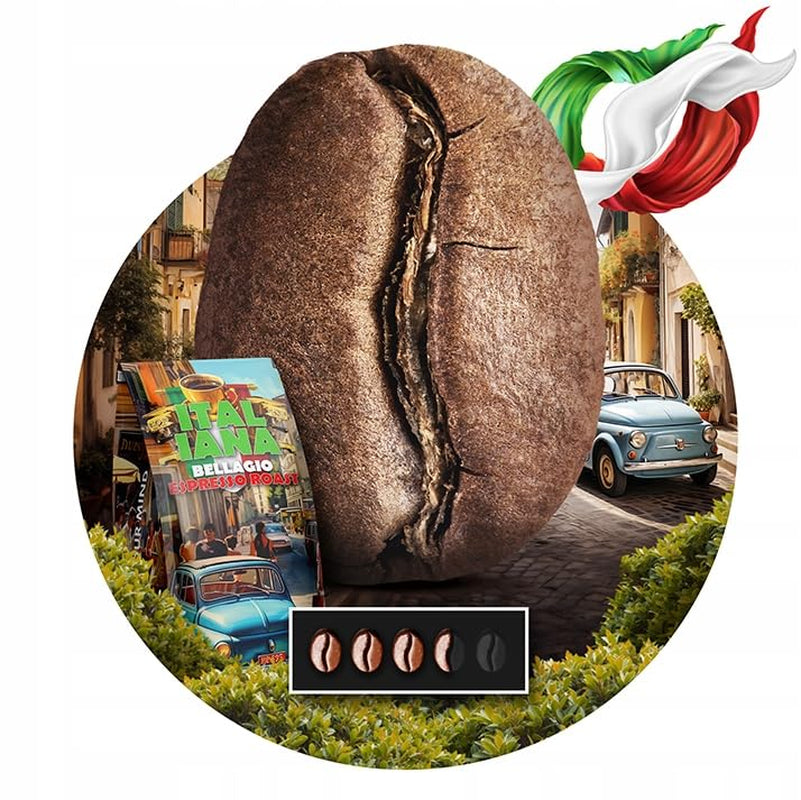 Boabe de cafea prăjite Italiana Bellagio 1kg | 80% Arabica și 20% Robusta | cu note de nuci și ciocolată neagră | proaspăt prăjită, aciditate scăzută | pentru aparate de cafea | Blue Orca Coffee