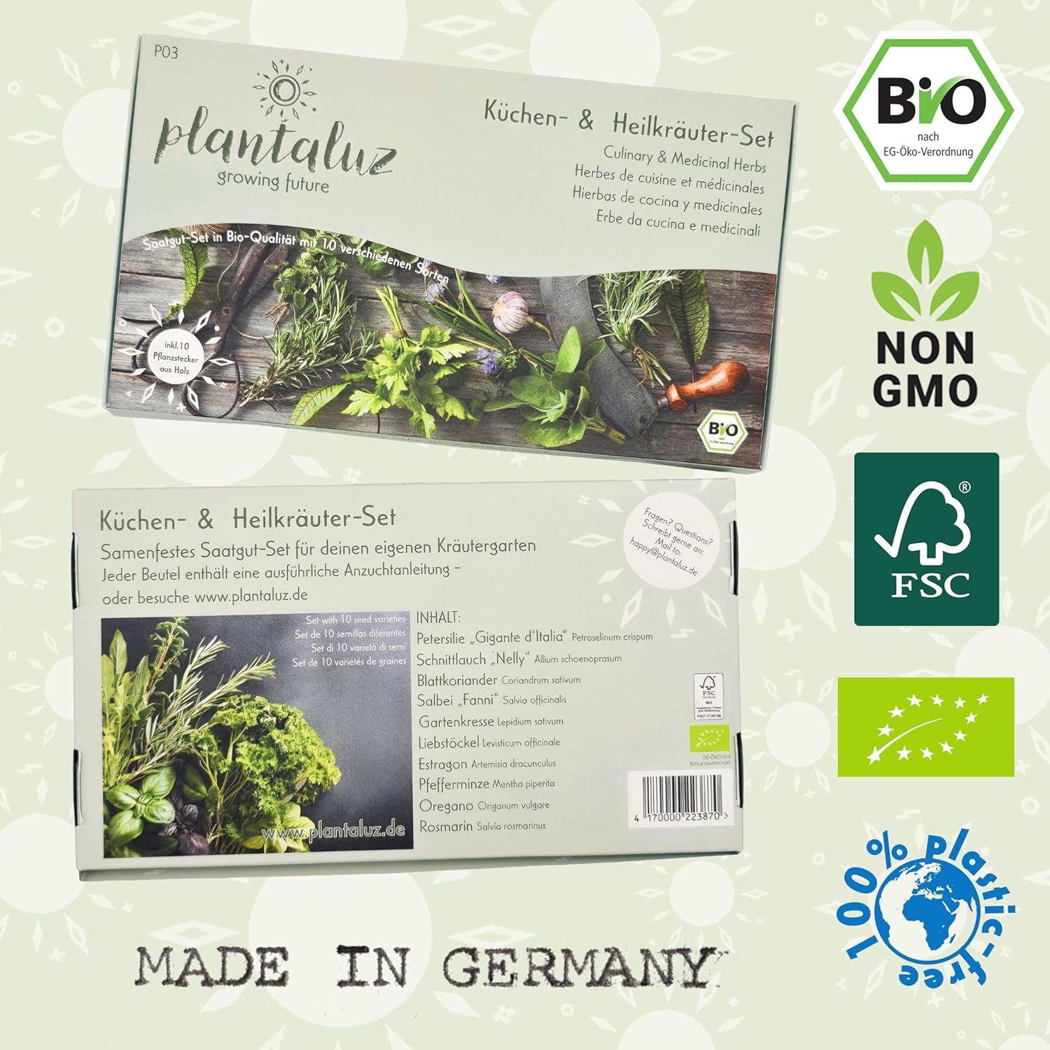 Set di semi biologici premium Plantaluz P03 – Set di semi di piante culinarie e medicinali per giardino, balcone e interni – incl. Bastoncini per piantare FSC – Semi biologici non impollinati, non trattati e senza OGM