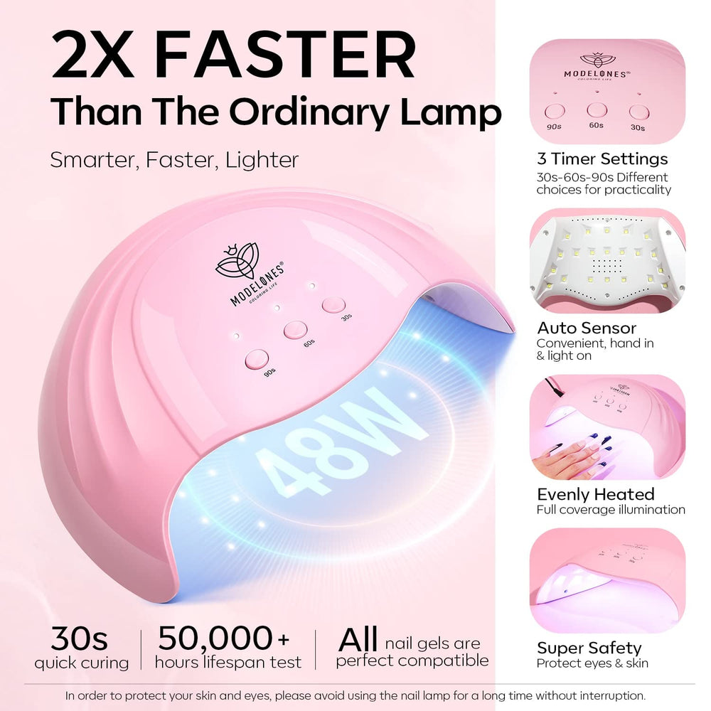 Modelones Set de 35 de bucăți pentru unghii cu gel, Set de ojă UV cu lampă 48W, Set de ojă gel maro nud alb roz, Set de ojă gel UV cu bază top coat Set studio unghii