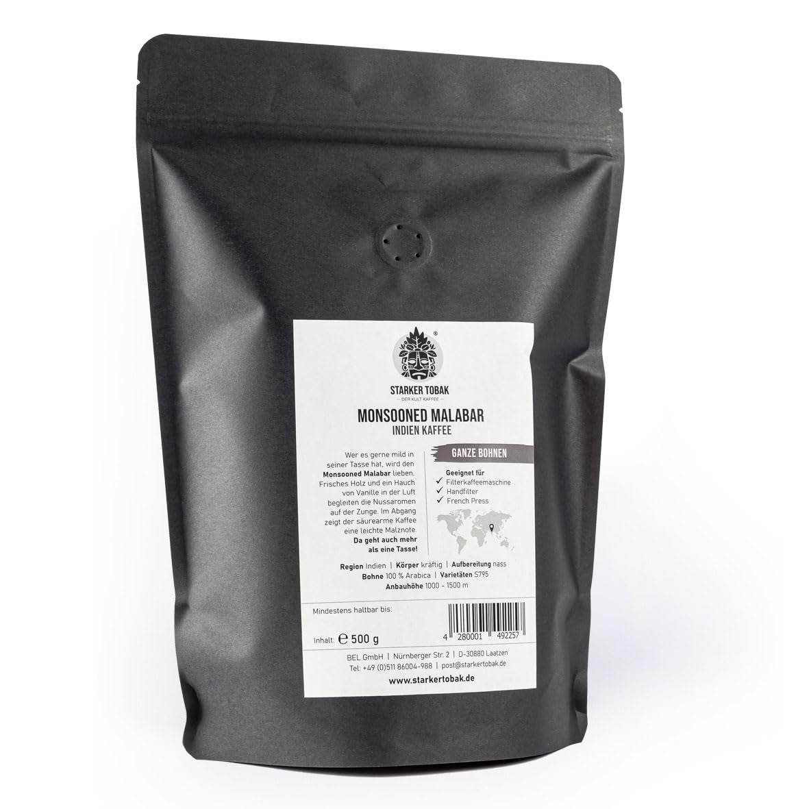 Cafea STARKER TOBAK Monsooned Malabar, boabe întregi, prăjite manual - prăjire medie, India, 100% Arabica, potrivită pentru cafea filtrată, presă franceză, aparate de cafea complet automate, delicată cu stomacul - aciditate deosebit de scăzută