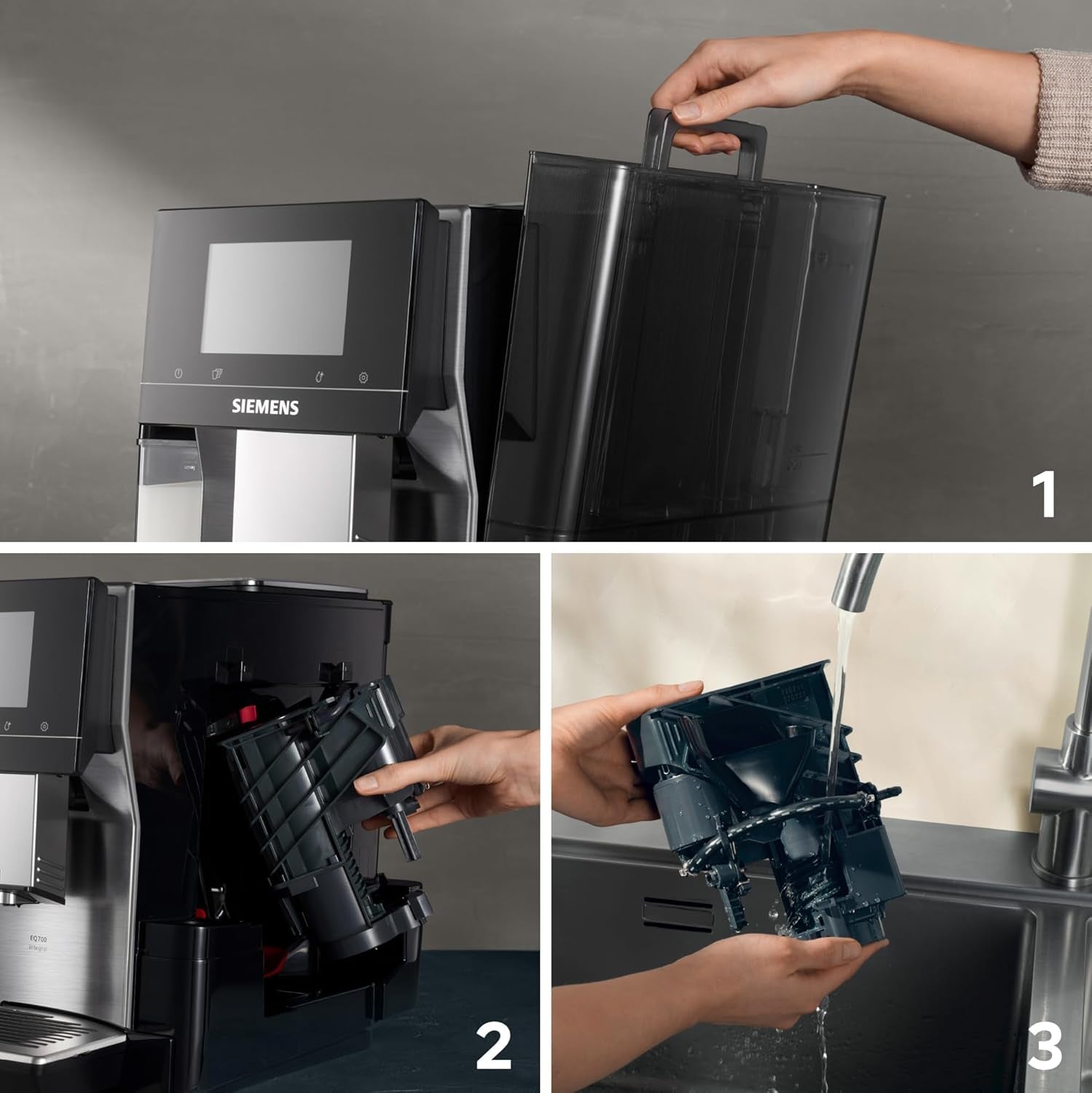 Espressor automat integral Siemens EQ700, ecran TFT color mare, 36 de băuturi calde și reci, cold brew, funcție 2 căni, control prin aplicație, sistem automat de curățare, oțel inoxidabil negru, TQ717D03