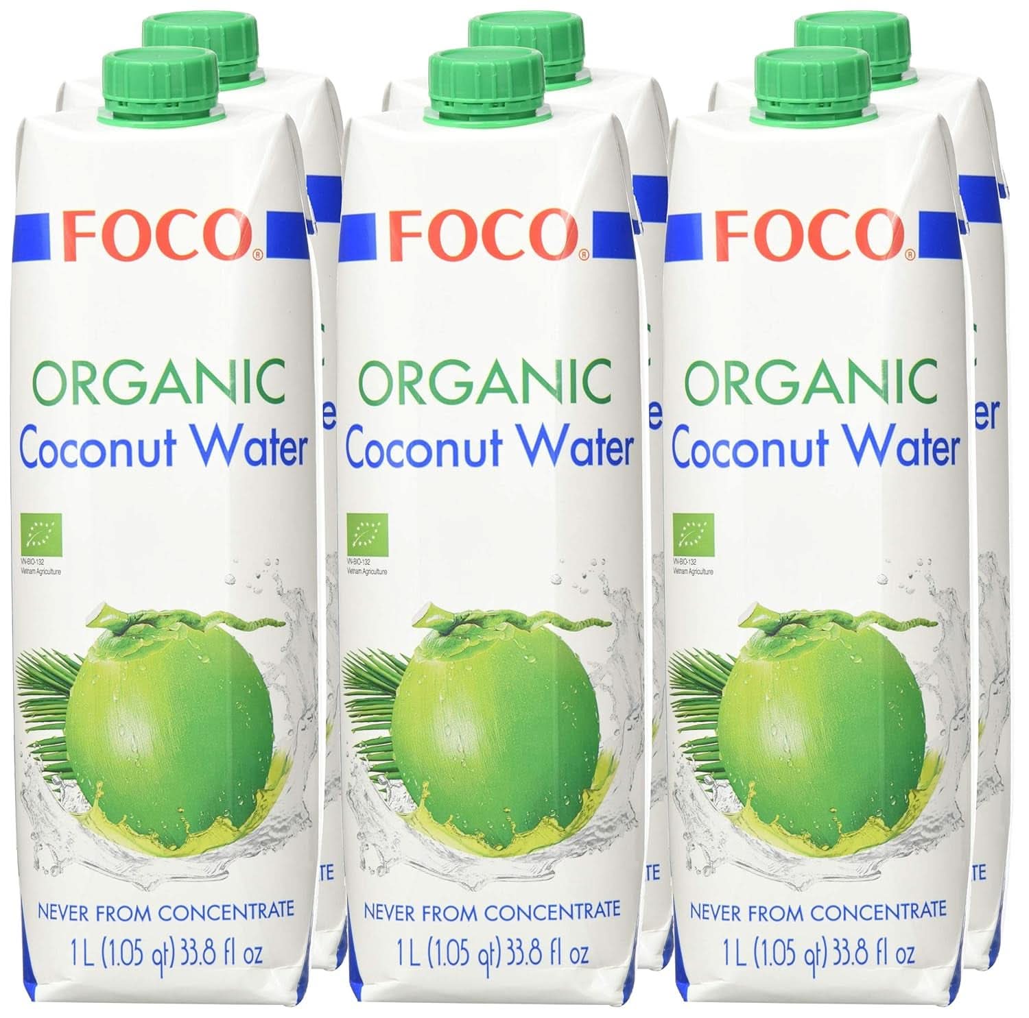 FOCO Acqua di cocco biologica Bevanda sportiva rinfrescante pura 100% acqua di cocco - 6 x 1 litro Naty Shop