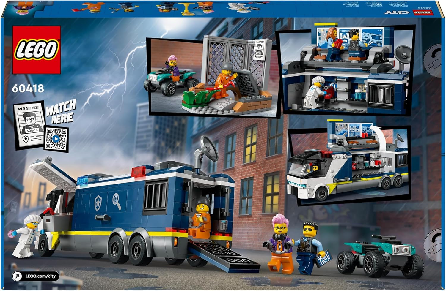 LEGO City Camion della Polizia con laboratorio, set della Polizia Quad e camion giocattolo per bambini, regalo per ragazzi e ragazze dai 7 anni in su, più 5 minifigure: 2 poliziotti, 1 scienziato e 2 ladri 60418 Set da costruzione Beuche den LEGO-Store