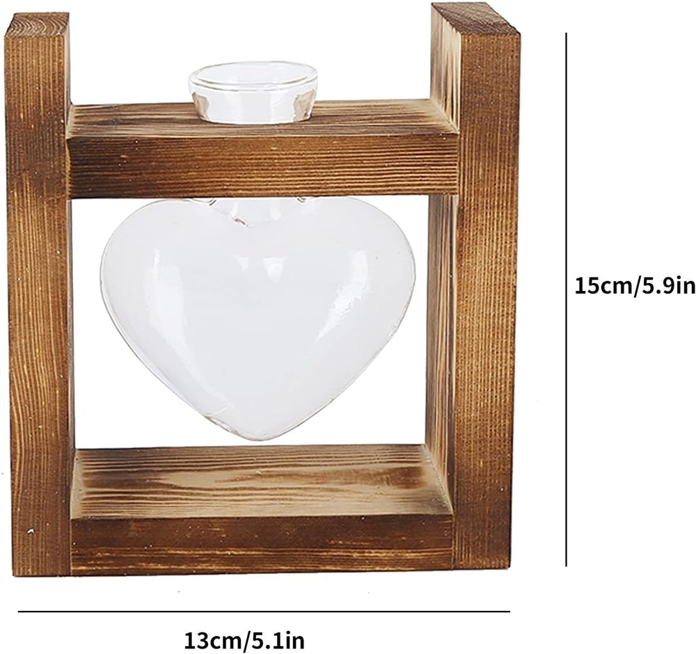 Terrario per piante con supporto in legno, vaso da tavolo a forma di cuore, piante idroponiche in vetro trasparente per la decorazione del giardino di casa, decorazione floreale idroponica per ufficio, soggiorno, cucina (A)