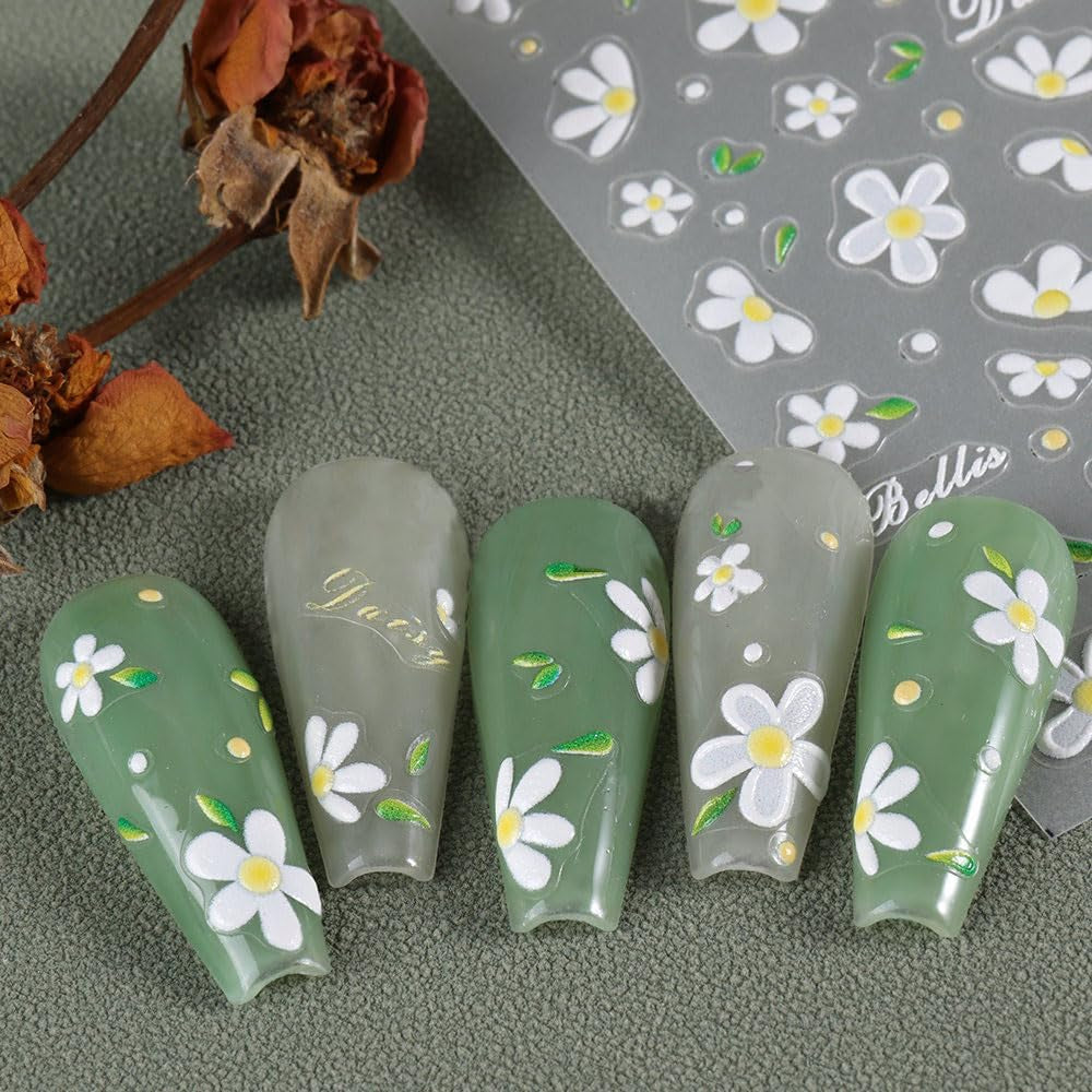 5Pcs Geprägte Gänseblümchen Nagelsticker Selbstklebend Blumen Nagelaufkleber Gänseblümchen Schmetterling Nagel Sticker Nageldesign Aufkleber Nägel Zubehör Blume Nail Sticker Flower Nail Art Stickers