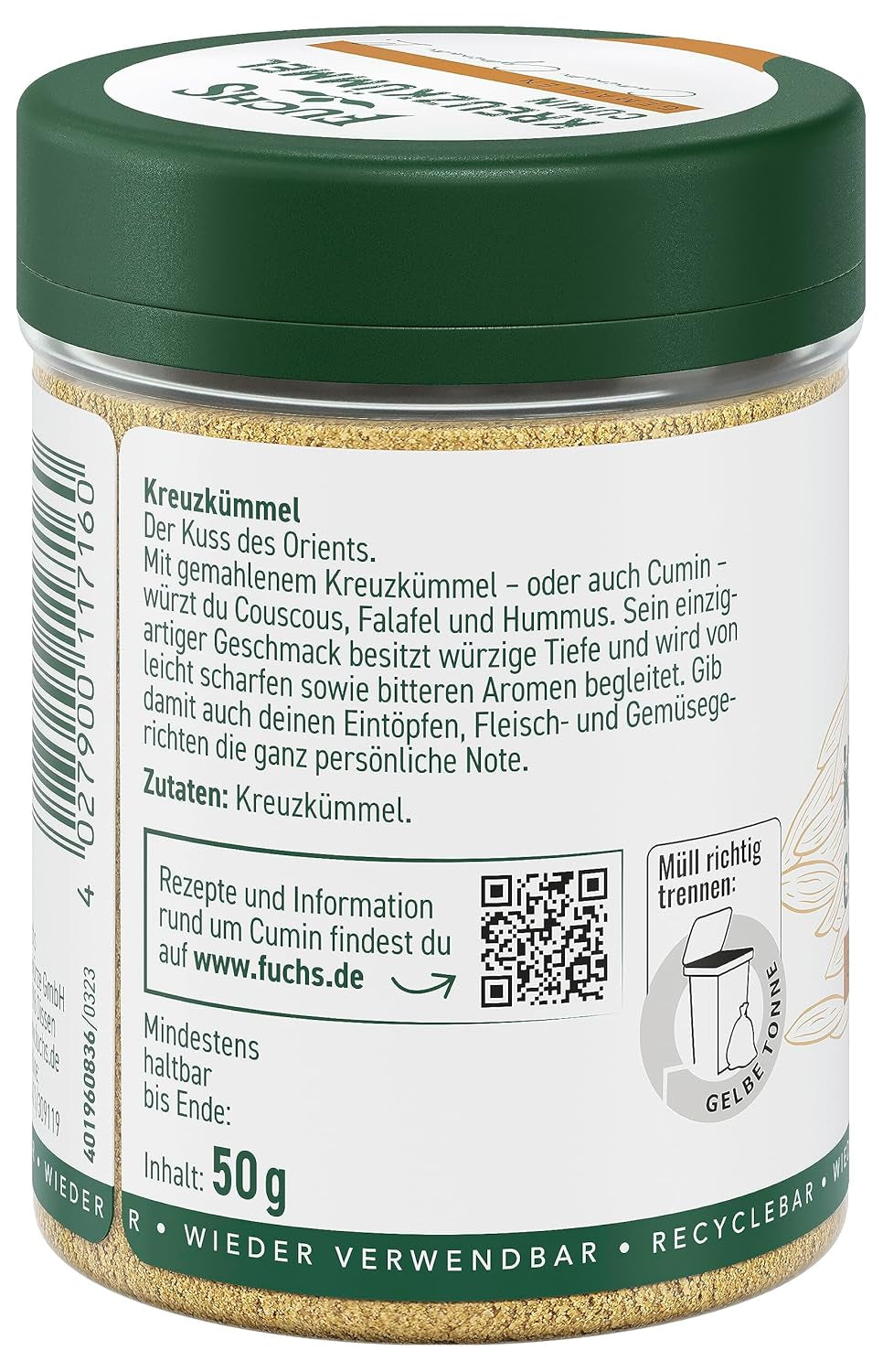 Fuchs Gewürze - Kreuzkümmel gemahlen - zum Würzen von Couscous, Hummus und Falafel - ingredienti naturali - 50 g in wiederverwendbarer, recyclebarer Dose
