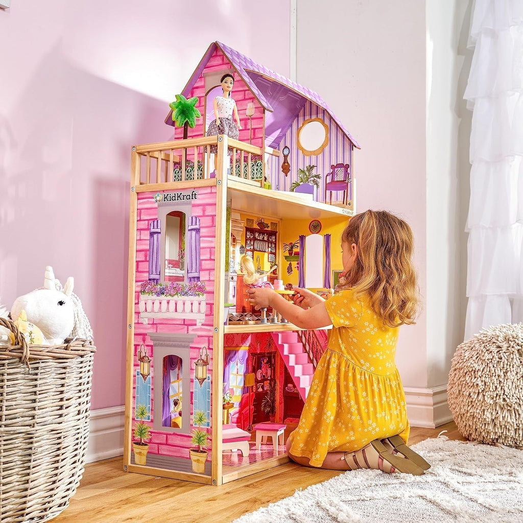 Casa de păpuși din lemn Kidkraft Kayla cu mobilier și accesorii, set de joacă cu 3 niveluri de joc pentru păpuși de 30 cm, jucărie pentru copii de la 3 ani, 65092 - Exclusiv pe Amazon Casute de papusi Naty Shop