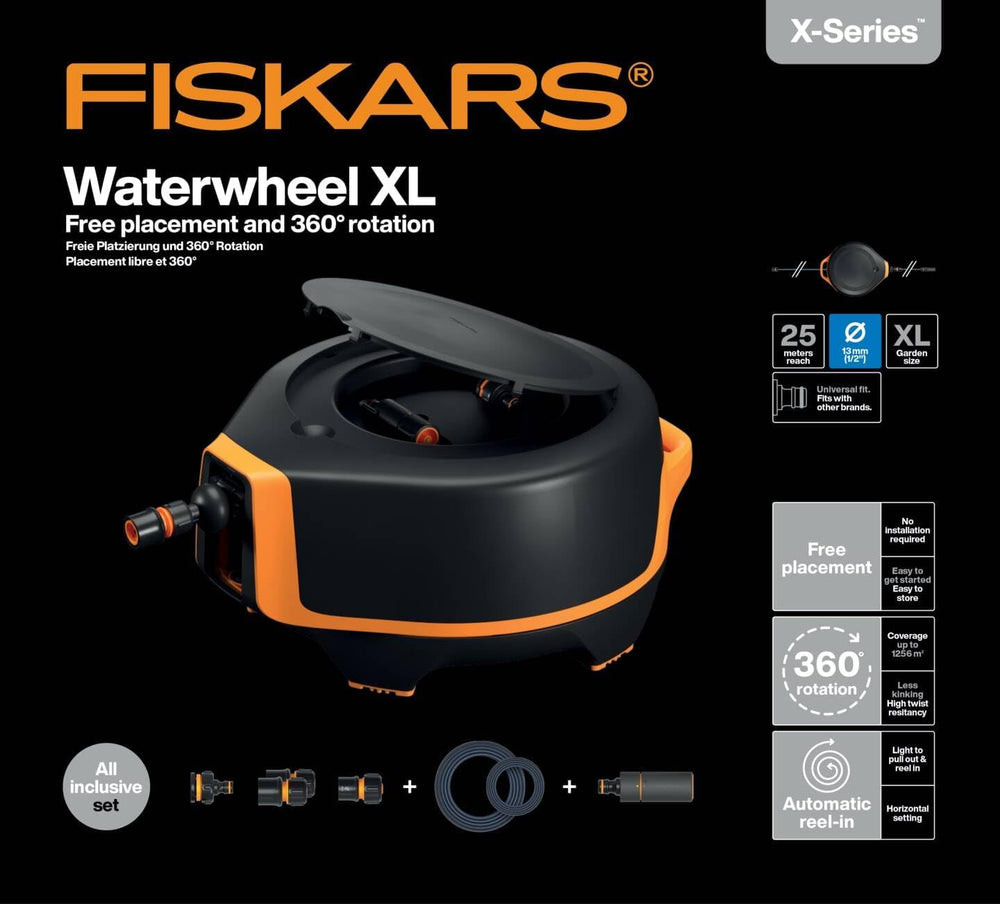 Fiskars Waterwheel XL, Set de udare all-inclusive, Rază totală de acțiune de 25 m, Retragere automată, Furtun de grădină universal (Ø 13 mm), Conector universal pentru robinet, Negru/Portocaliu, Seria X, 1067549