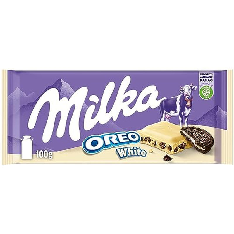 Milka Oreo Sandwich – Cioccolato al latte alpino, ripieno di pezzi croccanti di biscotti Oreo e morbida crema alla vaniglia – 92g