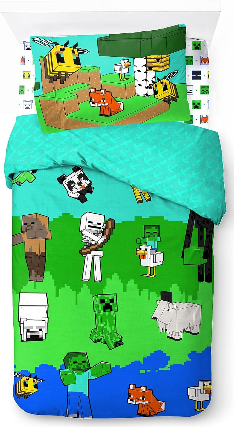 Biancheria da letto per bambini, unisex, principesse e supereroi, 100% cotone Biancheria da letto - bambini Naty Shop Multicolor - Minecraft 135X200/50X70 (3 Pezzi)