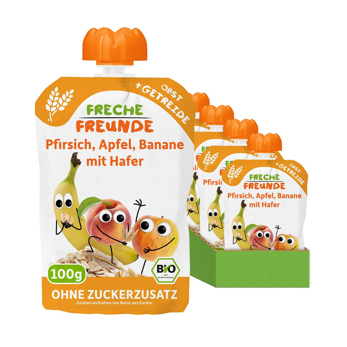 FRECHE FREUNDE Pesca Mela Banana Avena Purea di frutta biologica con cereali in un sacchetto comprimibile per bambini 6 mesi+ Vegano Confezione da 6 (6 x 100 g)