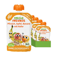 FRECHE FREUNDE Pesca Mela Banana Avena Purea di frutta biologica con cereali in un sacchetto comprimibile per bambini 6 mesi+ Vegano Confezione da 6 (6 x 100 g)