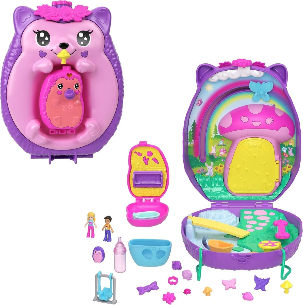 Polly Pocket GKJ64 - Scatola tascabile portatile ad ananas con 8 funzioni divertenti, bambole Polly e Purple, 2 accessori e foglio di adesivi; giocattolo per bambini dai 4 anni in su Pupusi Naty Shop Mamma riccio bambino