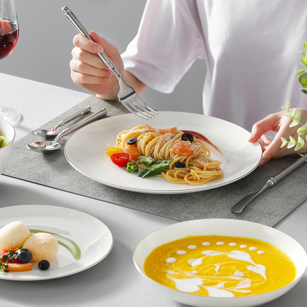 Set de veselă MALACASA pentru 4 persoane, set de veselă din porțelan os, format din 16 piese, set combinat rotund alb cu margine aurie, cu 4 farfurii de cină, 4 farfurii de desert, 4 farfurii de sumă și 4 boluri pentru cereale, seria NORI