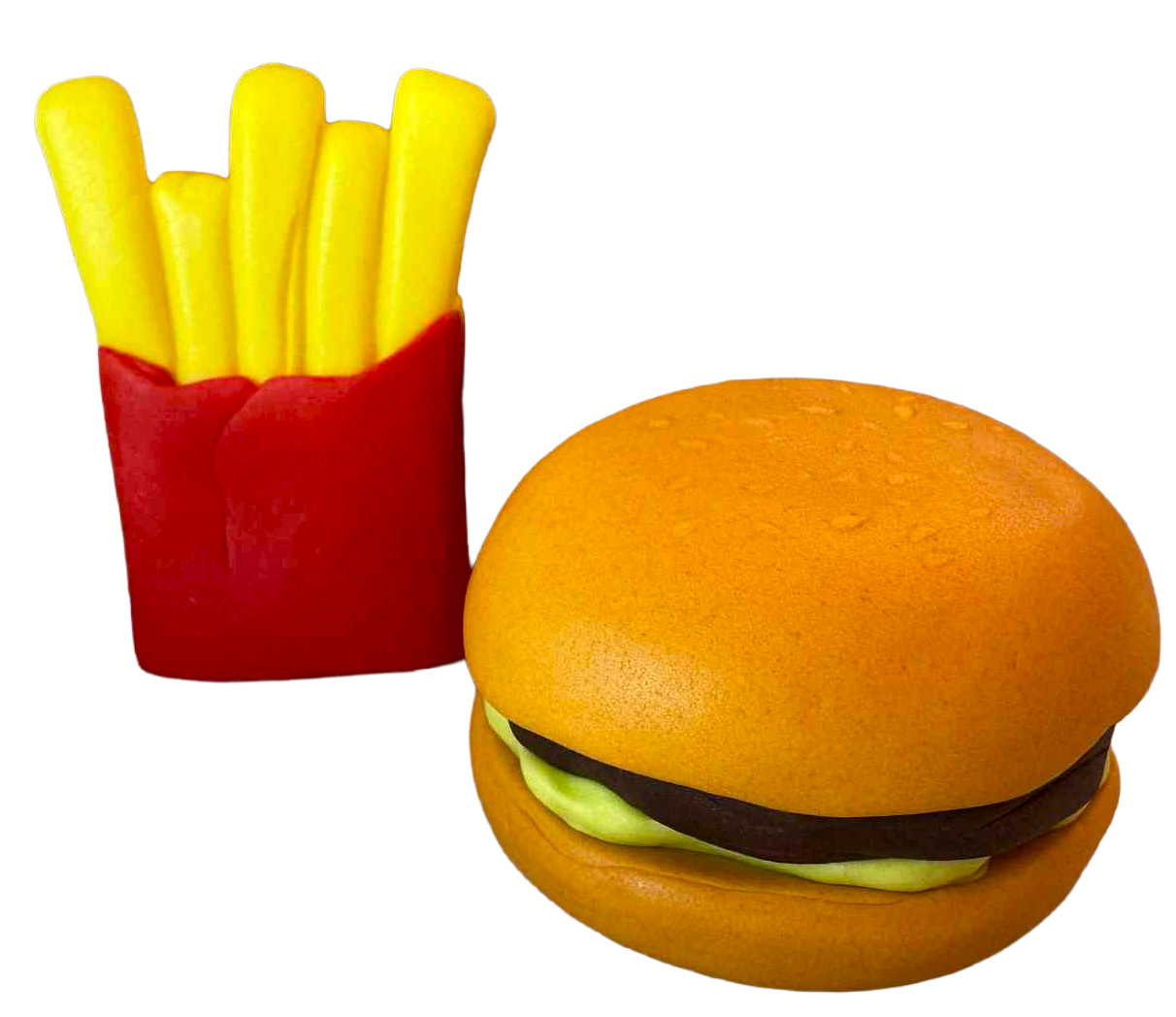 Decorazioni commestibili per torta Hamburger e patatine fritte – set di 2 figurine in pasta di zucchero (~6 cm)