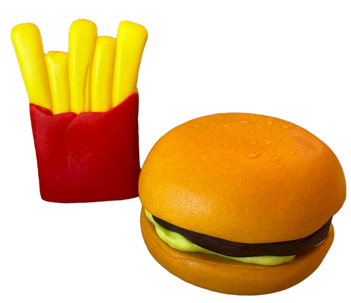 Decorazioni commestibili per torta Hamburger e patatine fritte – set di 2 figurine in pasta di zucchero (~6 cm)