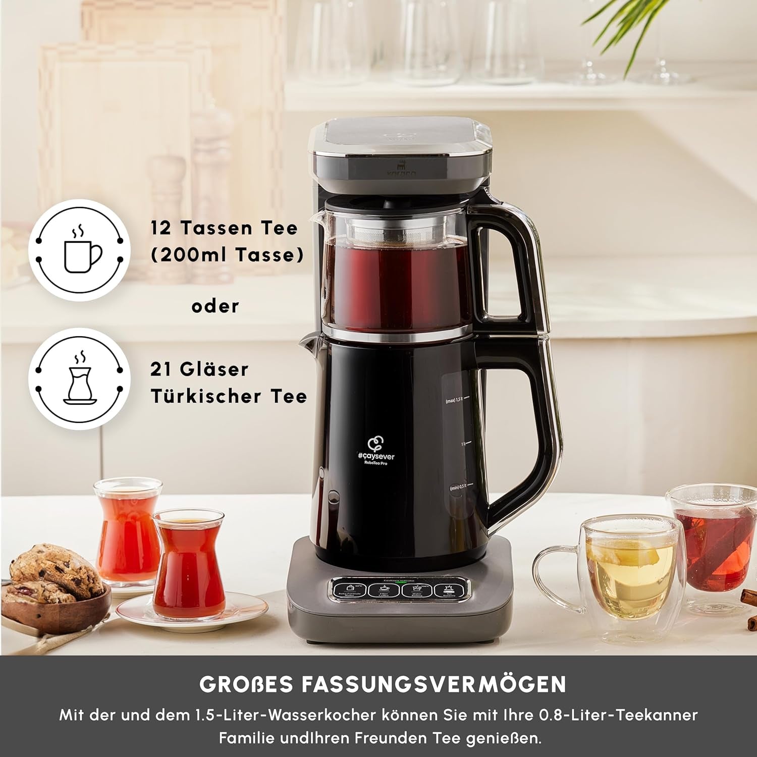 Karaca Caysever Robotea Pro Aparat de ceai automat vorbitor 4 în 1 cu filtru, încălzitor de terci și aparat de ceai la ibric, 2500 W, ceainic turcesc gri spațial
