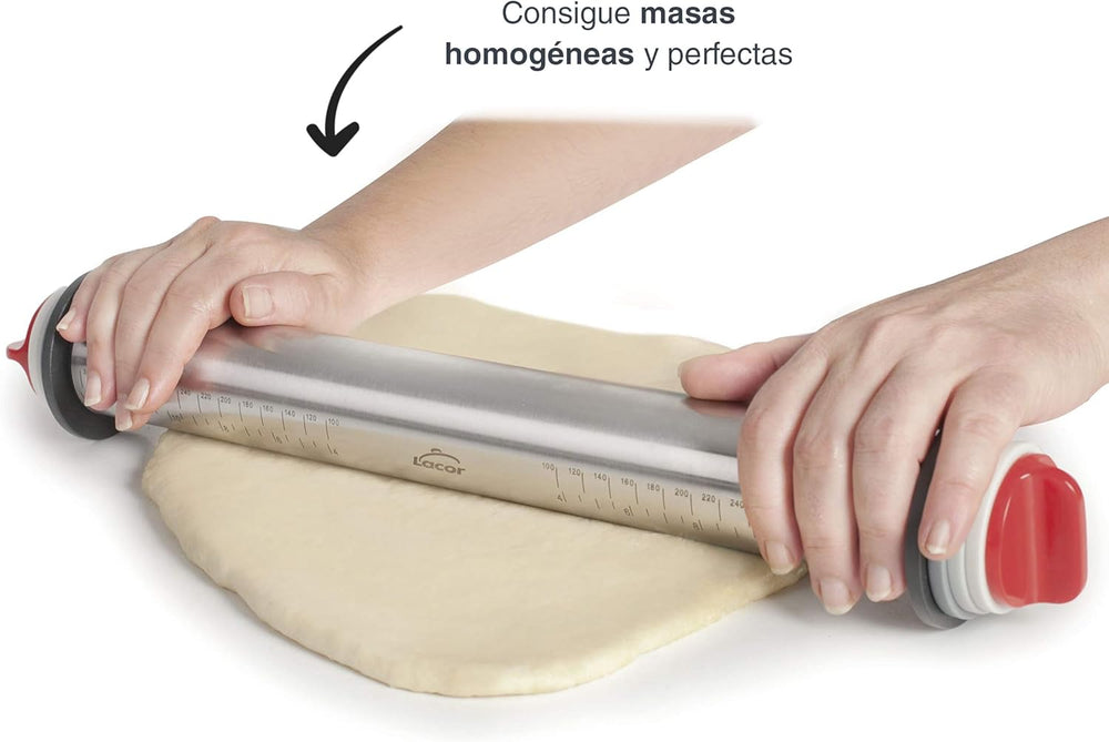 - 67143 - Amasar Küchenroller, 4 abnehmbare Scheiben, Edelstahl, gravierte Messzeichen, Alle Masse, 41.5 cm, Spülmaschinenfreundlich, Grau