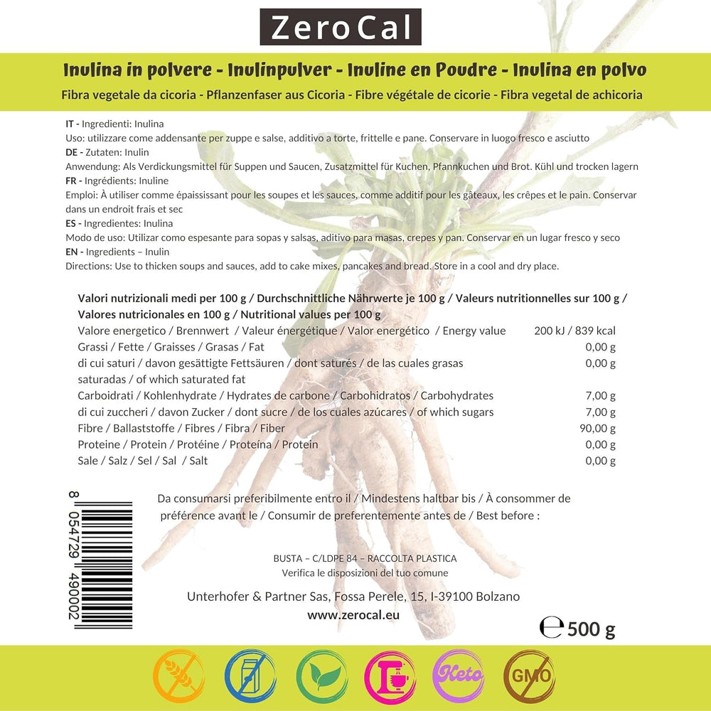 Zerocal - Polvere di Inulina Da Cicoria-Wurzel 500 G | Inulin Mit Hohem Ballaststoffgehalt | 100% vegano e senza glutine | Herkunft Deutschland Dolcificanti Naty Shop