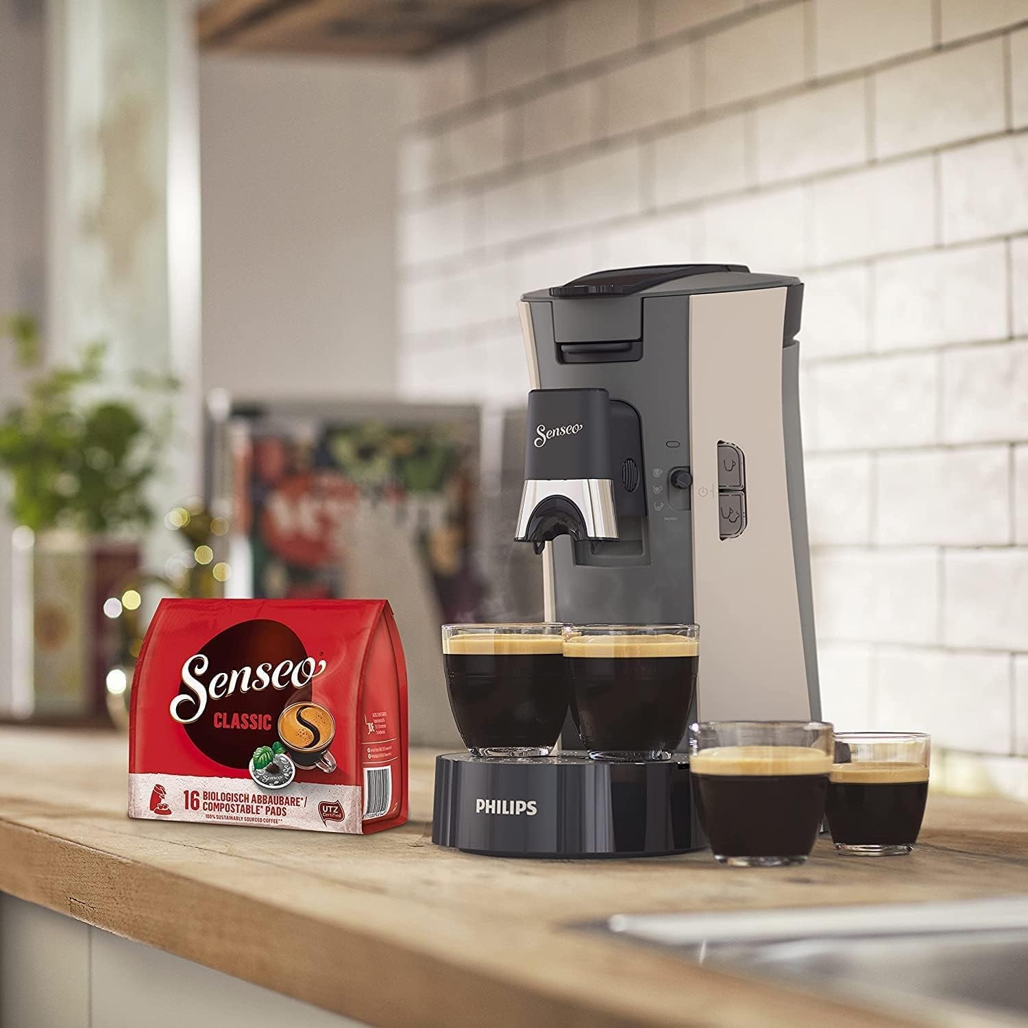PHILIPS Senseo Select, Espressor cu capsule - Selecție a intensității cafelei Plus, Funcție Memo, Fabricat din plastic reciclat, 1450 wați, 0,9 l, Bej, (CSA240/30)