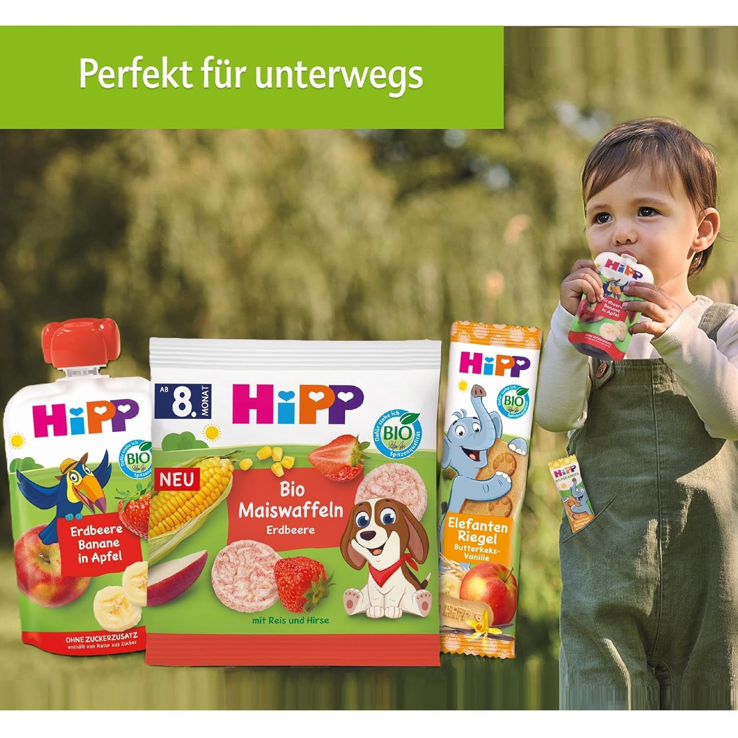 Buste comprimibili HiPP con pesche e banane biologiche in buste di mele e biscotti - Felix il pigro (8 x 100g), da 1 anno, frutta con cereali, senza zuccheri aggiunti, migliore qualità biologica