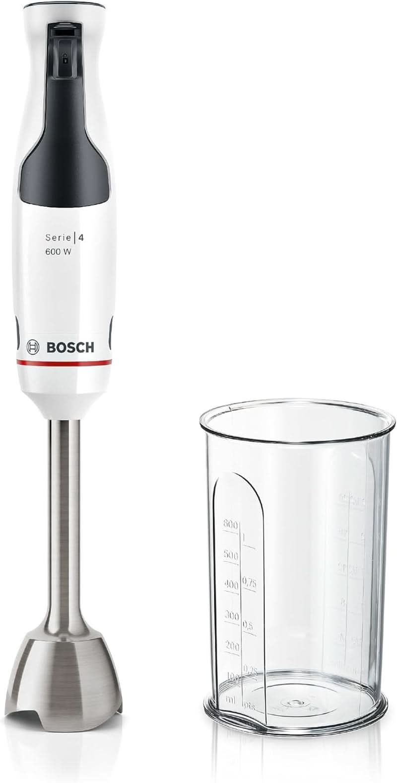 Bosch Stabmixer Ergomaster Serie 4 MSM4W210, Einhändig Bedienbar, Edelstahl-Klingen, Verschleißfreie Keramik-Kupplung, Mixbecher, Quattroblade, Antisplash Funktion, Einschaltsperre, 600 W, Weiß Mother and Child Naty Shop