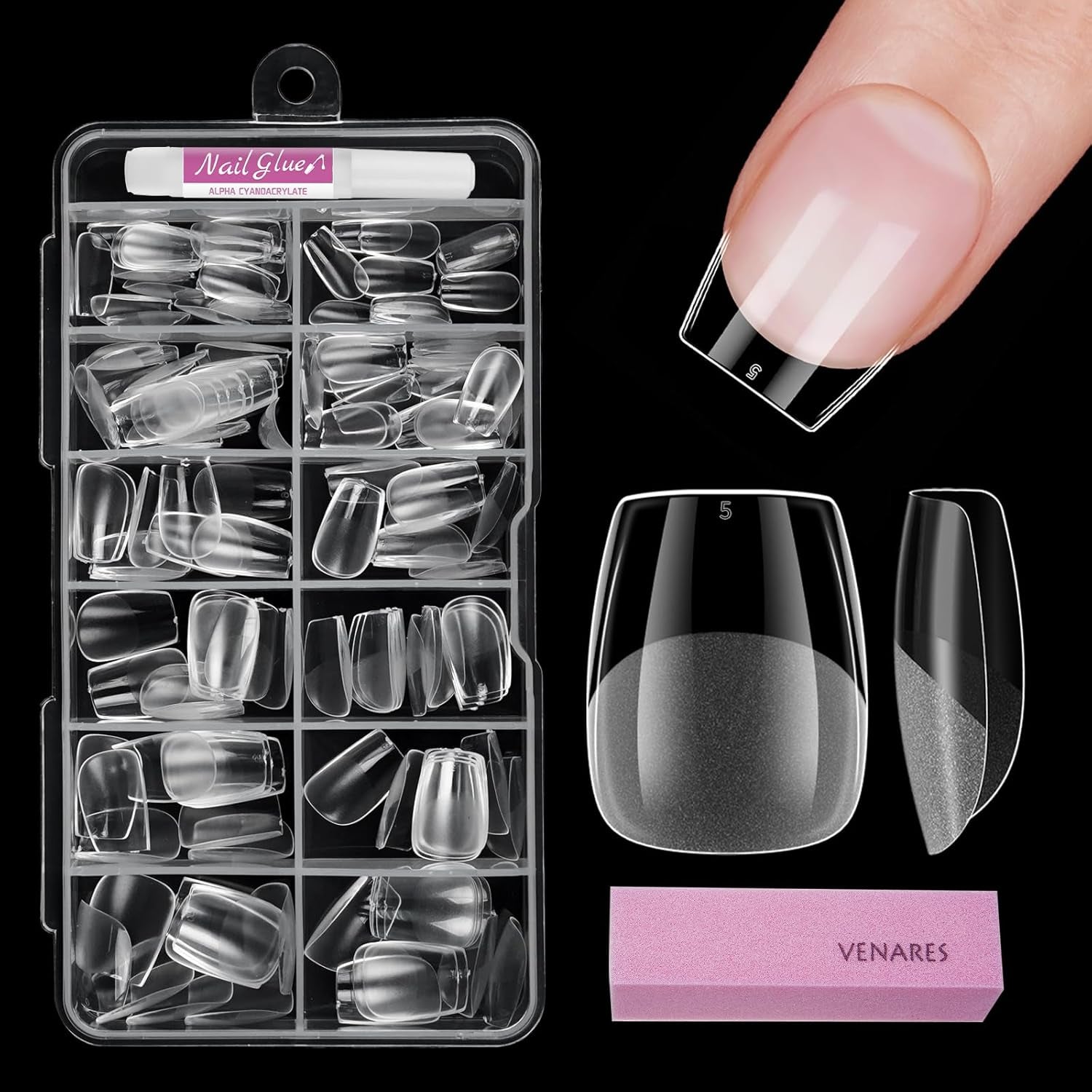 Tipuri de unghii pentru unghii cu gel, set 120 bucăți unghii artificiale scurte, culoare migdale, 11 dimensiuni unghii cu gel, tipuri de unghii cu lipici, bloc de buffer pentru unghii