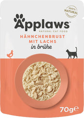 Hrană umedă pentru pisici Applaws 100% naturală, piept de pui cu somon în bulion - pachet de 12 pliculețe a câte 70 g
