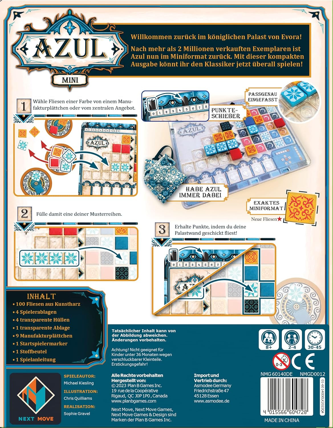 Next Move Games, Azul Mini, gioco per famiglie, gioco da tavolo, 2-4 giocatori, 8+ anni, 30-45 minuti, Tedesco