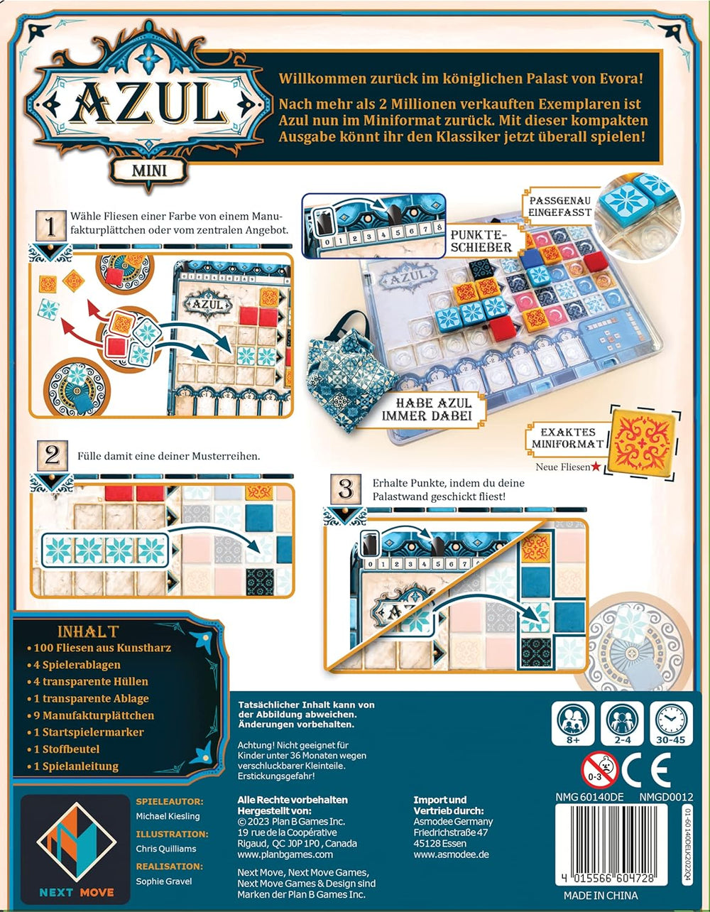 Next Move Games, Azul Mini, gioco per famiglie, gioco da tavolo, 2-4 giocatori, 8+ anni, 30-45 minuti, Tedesco