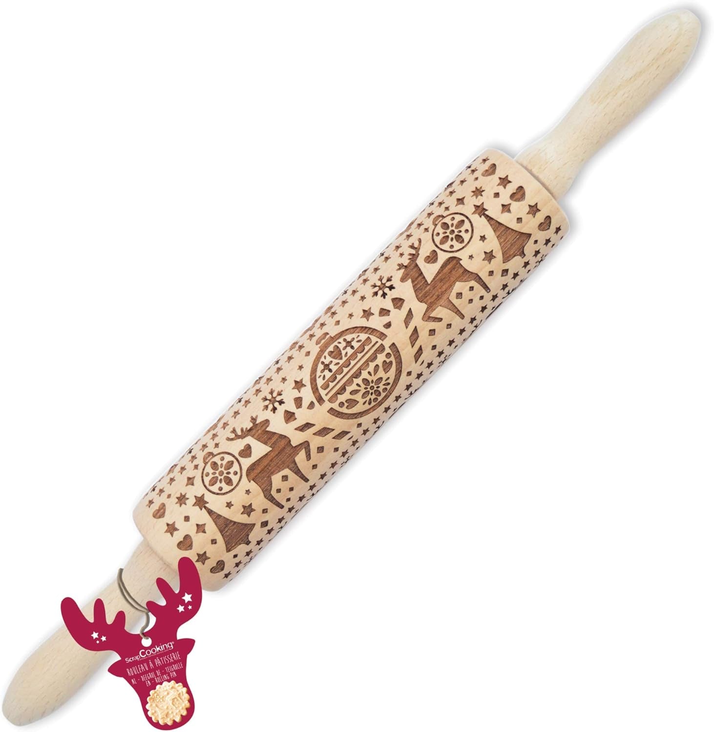 Scrap Cooking Teigrolle aus Holz "Xmas" mit weihnachtlichen Motiven – Prägerolle mit gepfragten Verzierungen für Kekse – Decorativo Zubehör – 5242