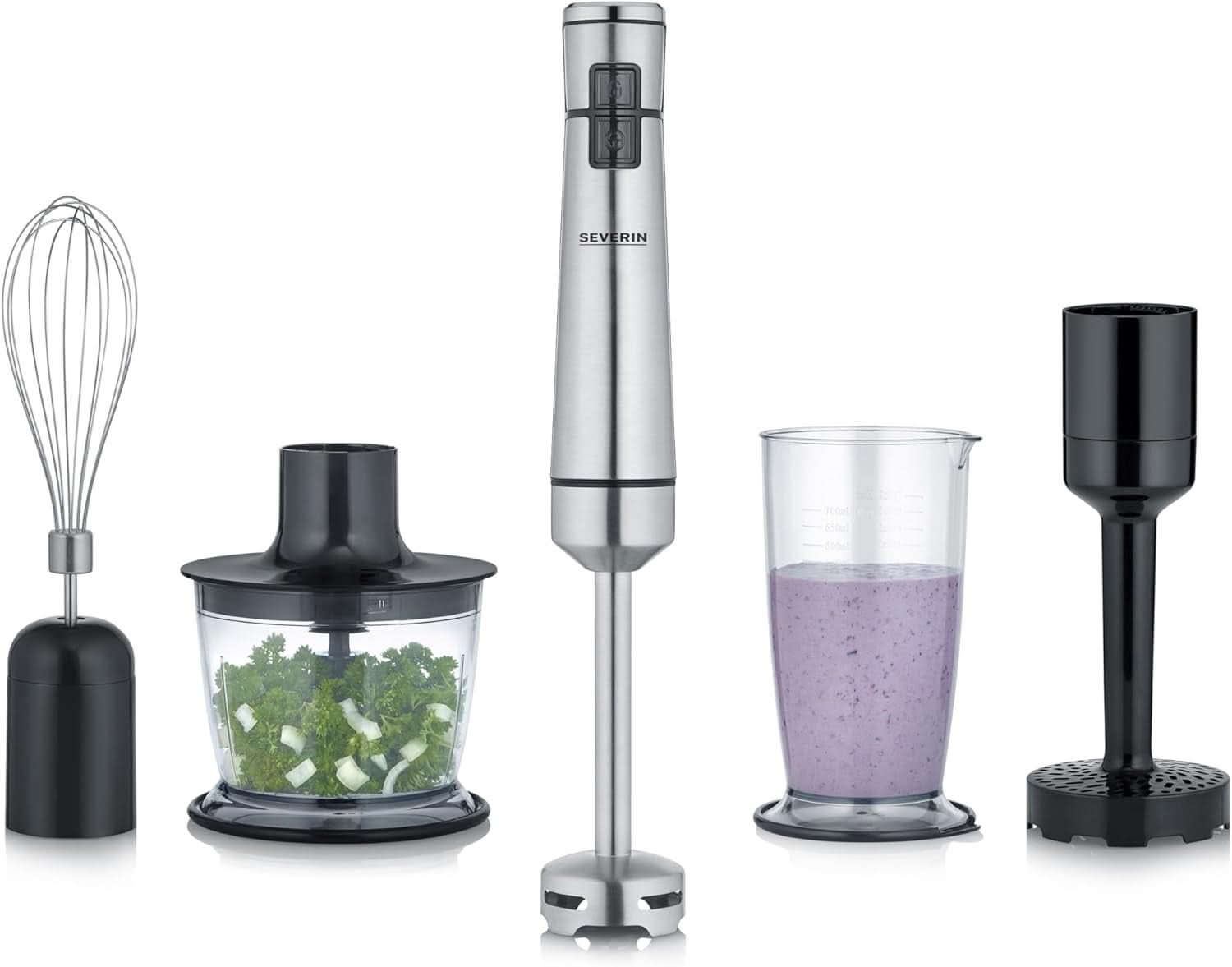 SEVERIN Kabelloser Stabmixer Mit Premium-Set, Abnehmbarer Mixstab, Mit Pürierstab, Multizerkleinerer, Mixbehälter, Kartoffelstampfer & Schneebesen, Schwarz/Edelstahl-Gebürstet, SM 3775 Mother and Child Naty Shop Kabellos Inkl. Zubehör Premium