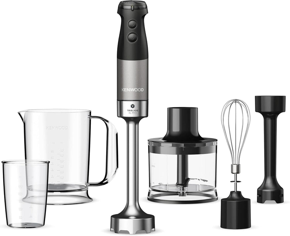 Kenwood Triblade XL Pro Stabmixer HBM80.322BK, 1200W, velocità variabile, Edelstahl(Pürierfuß), Schneebesen, Emulgieraufsatz, 500Ml Zerkleiner, 700 & 250Ml Becher, Spülmaschinenfeste Teile Bucatarie Naty Shop Schwarz Hbm80.322Bk