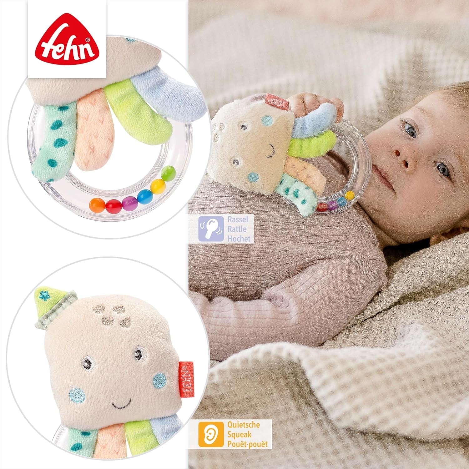 Fehn clopoțel inel de jucărie caracatiță - jucărie de abilități motorii pentru zăngănit, scârțâit, simțit - jucărie de pluș pentru copii cu țesătură moale - jucărie pentru bebeluși și copii mici de la 0+ luni Jucarii Bebe Naty Shop