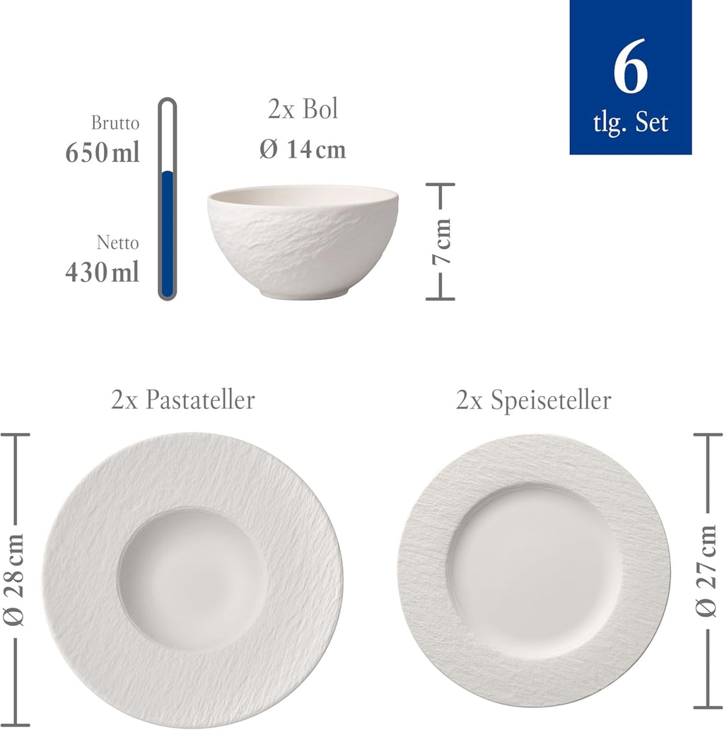 Villeroy & Boch – Manufacture Rock Blanc Geschirrset 6 Teilig Weiß, Spülmaschinenfest, Mikrowellensicher, Geschirr Modern, Starter Set, Speiseteller, Pastateller, Müslischalen, Premium Porzellan Seturi vesela masa Naty Shop