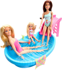 Bambola Barbie e accessori - piscina con scivolo e accessori per ore di divertimento al sole, costume da bagno rosa con design tropicale, per bambini da 3 anni, HRJ74 Naty Shop Dollhouses