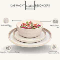 SÄNGER Key West | Set de veselă din gresie, 24 de piese, set de farfurii pentru 6 persoane, 6 farfurii de cină, boluri pentru cereale, farfurii pentru desert, boluri pentru paste, veselă de culoare crem cu textură nisipoasă | COLECȚIA VALUE