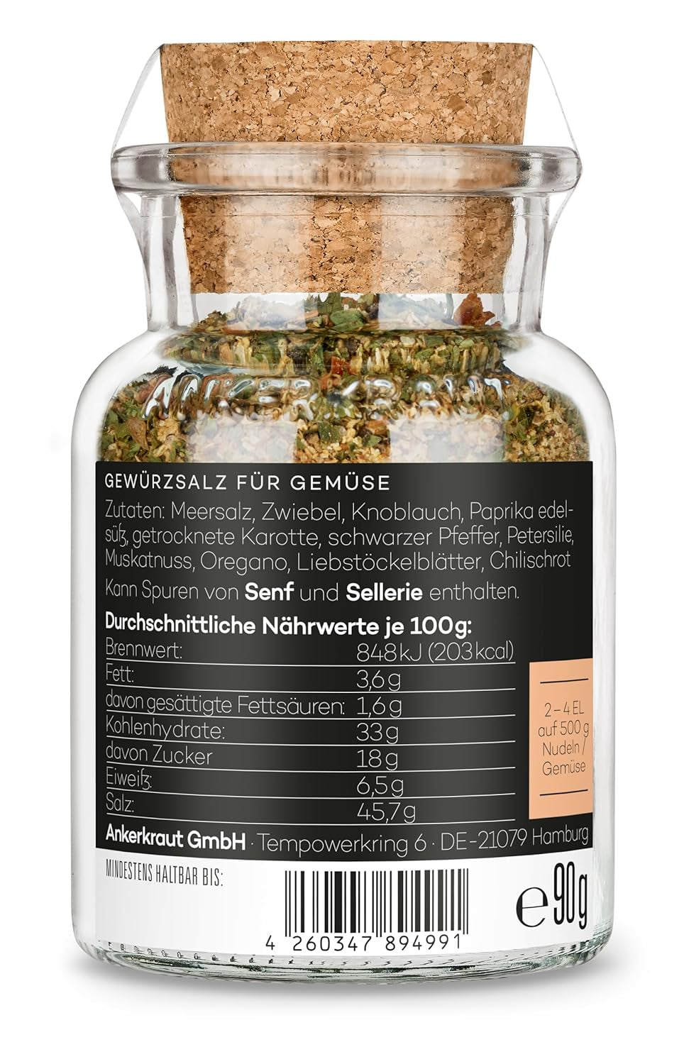 Ankerkraut Auflauf, für Gemüse-, Kartoffel- und Nudelauflauf, Gewürzsalz mit Pfeffer, Parsilie, Knoblauch, Karotte, 90 g im Korkenglas