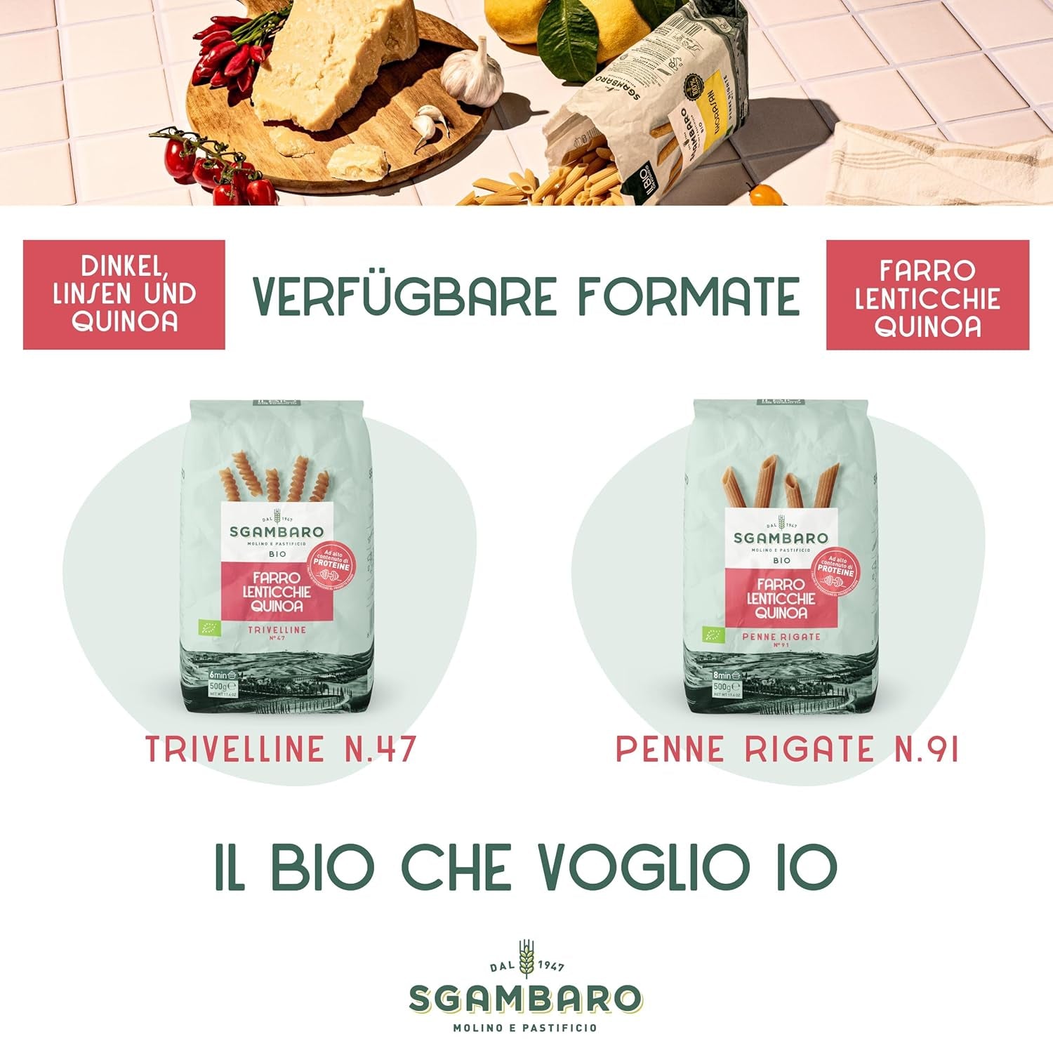 Penne Rigate Biologiche N.91 - 500g con farina di farro, farina di lenticchie e farina di quinoa - Ricche di proteine, fonte di fibre e proteine