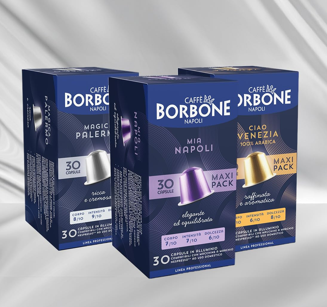 Caffè Borbone Verkostung Kit, 90 Aluminium-Kapseln: 30 Mia Napoli, 30 Ciao Venezia, 30 Magica Palermo, (3 x 30 Stück) – Kompatibel mit Kaffeemaschinen für den Hausgebrauch der Marke Nespresso®*