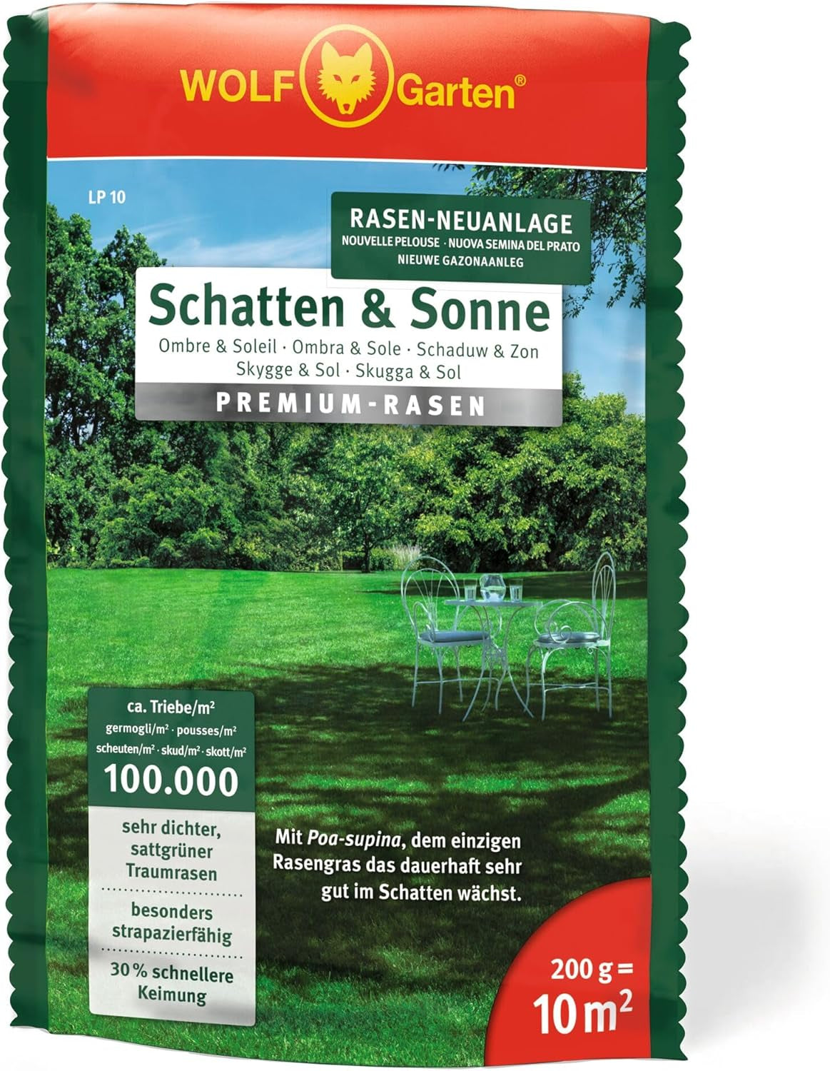 Wolf-Garten „Schatten & Sonne“ Premium-Rasen LP 50 (Für 50 M², Sehr Hohe Dichte Mit Ca. 100.000 Trieben/M2, Besonders Strapazierfähig, Hohe Schattenverträglichkeit, 1Kg Faltschachtel) 3820031