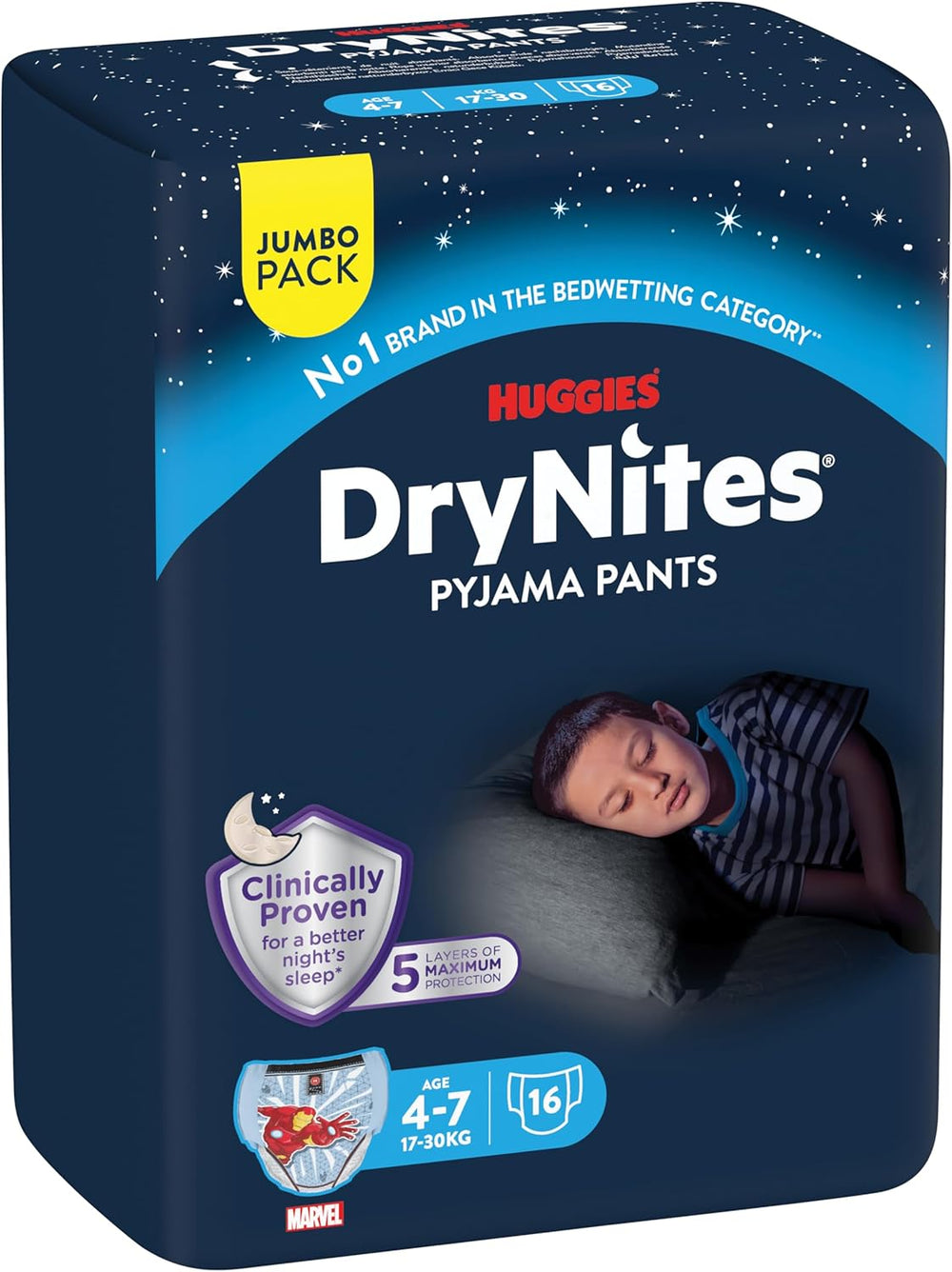 DryNites Pannolini assorbenti per l'enuresi notturna per ragazzi da 4 a 7 anni (17-30 kg), confezione mensile Jumbo, 64 pezzi