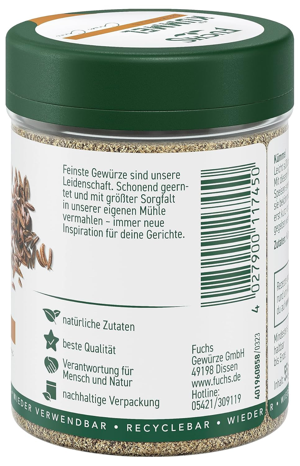 Fuchs Gewürze - Kümmel gemahlen - klassisches Gewürze für daftige Gerichte wie Chili con Carne - ingredienti naturali - 55 g in wiederverwendbarer, recyclebarer Dose