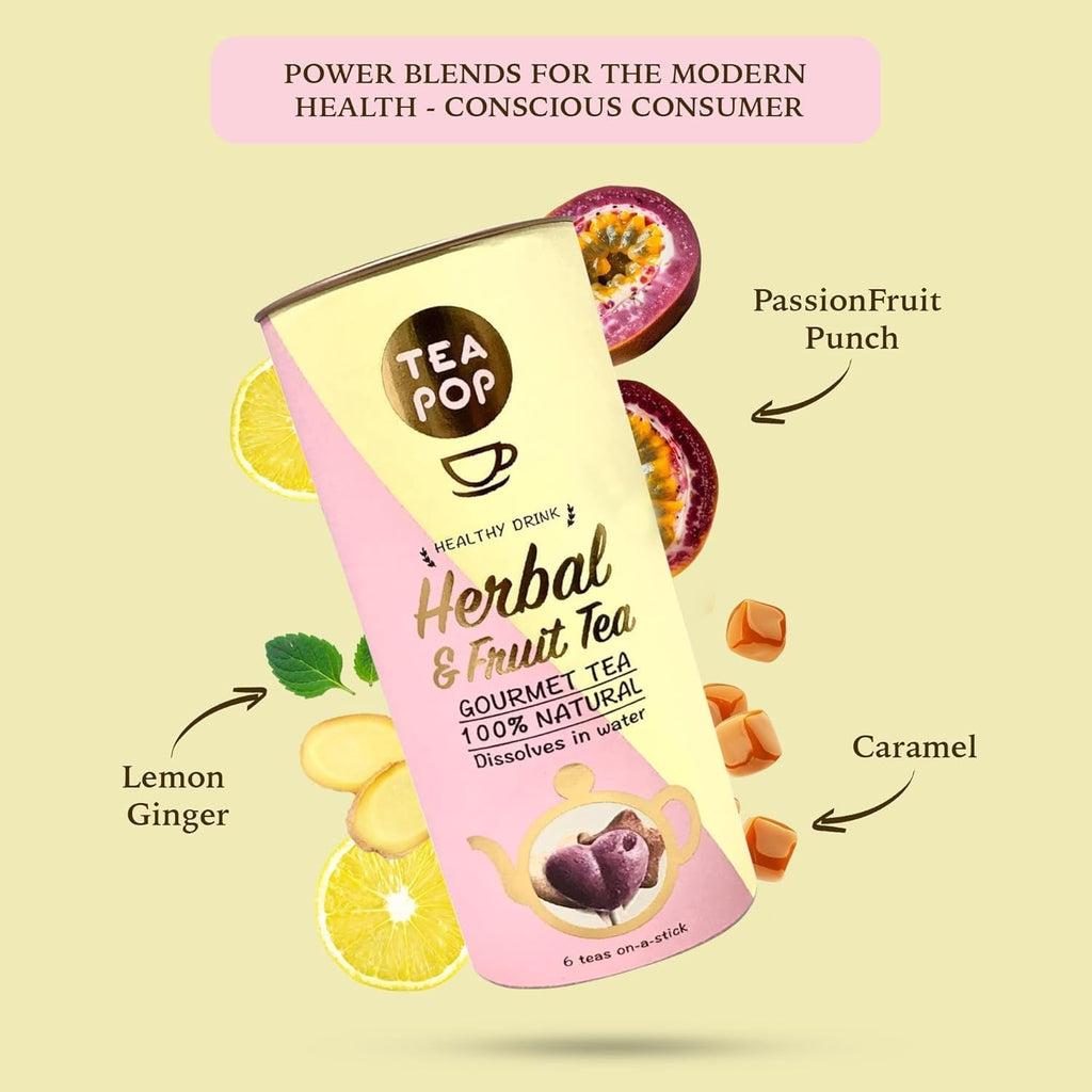 Ceaiuri din plante și fructe Tea-Pop, 6 stickuri Tea-Pop 100% naturale, ceaiuri gourmet vegane cu lămâie și ghimbir, punch de fructe, caramel crocant, ușor solubile în apă