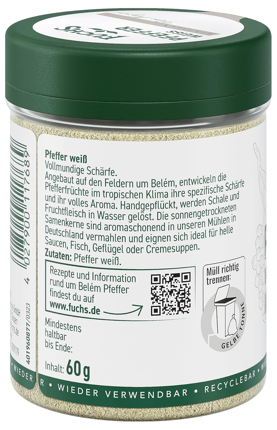 Fuchs Gewürze - Pfeffer weiß gemahlen - Pfeffer aus dem Amazonasgebiet, für helle Saucen, Fisch oder Suppen - natural Ingredients - 60 g in wiederverwendbarer, recyclebarer Dose